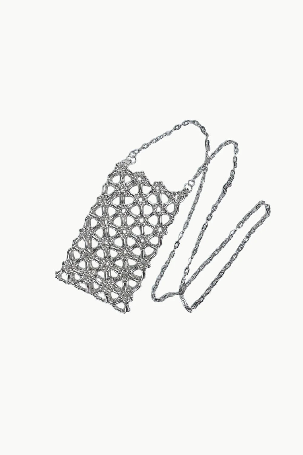Silver Flower Beaded Bag with metallic mesh and long chain strap for elegant style