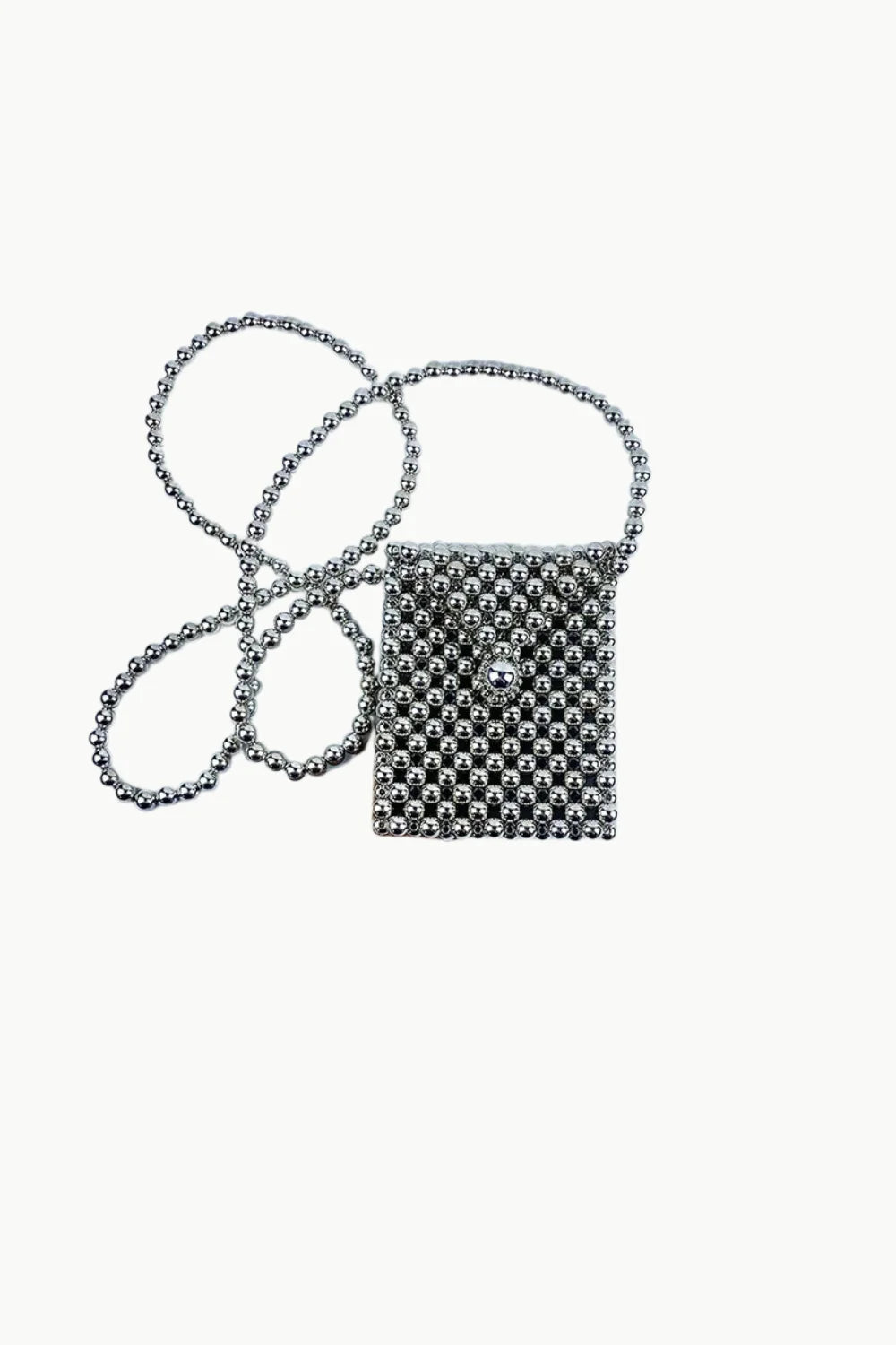 Silver mini beaded bag with rectangular shape and long strap, perfect for stylish accessories