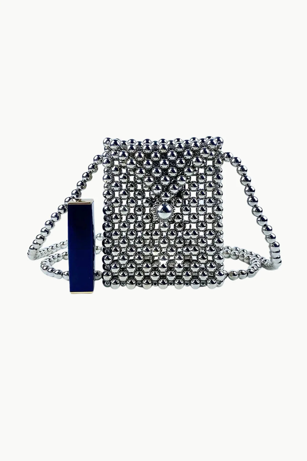 Silver Mini Beaded Bag featuring square shape and metallic spheres with dark blue accent
