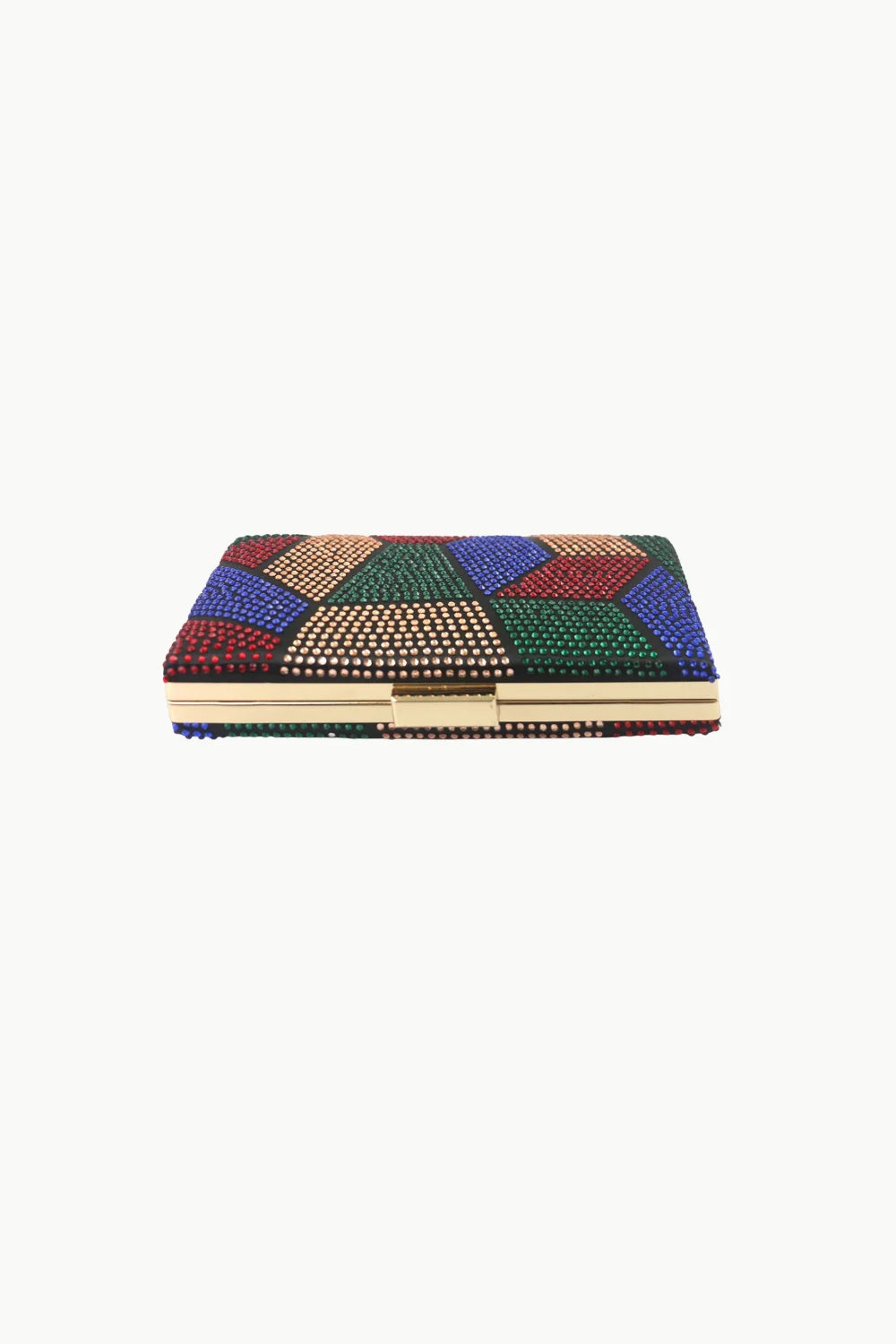 Small beaded purse with colorful rhinestone mosaic and gold hardware for elegant style