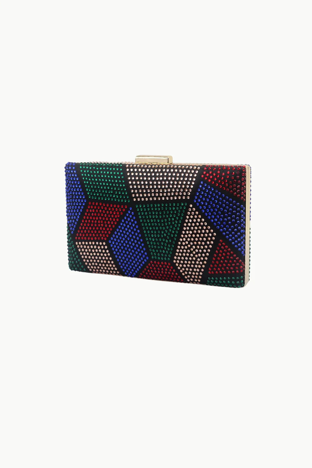 Small beaded purse with multicolored rhinestones, geometric pattern, and gold clasp