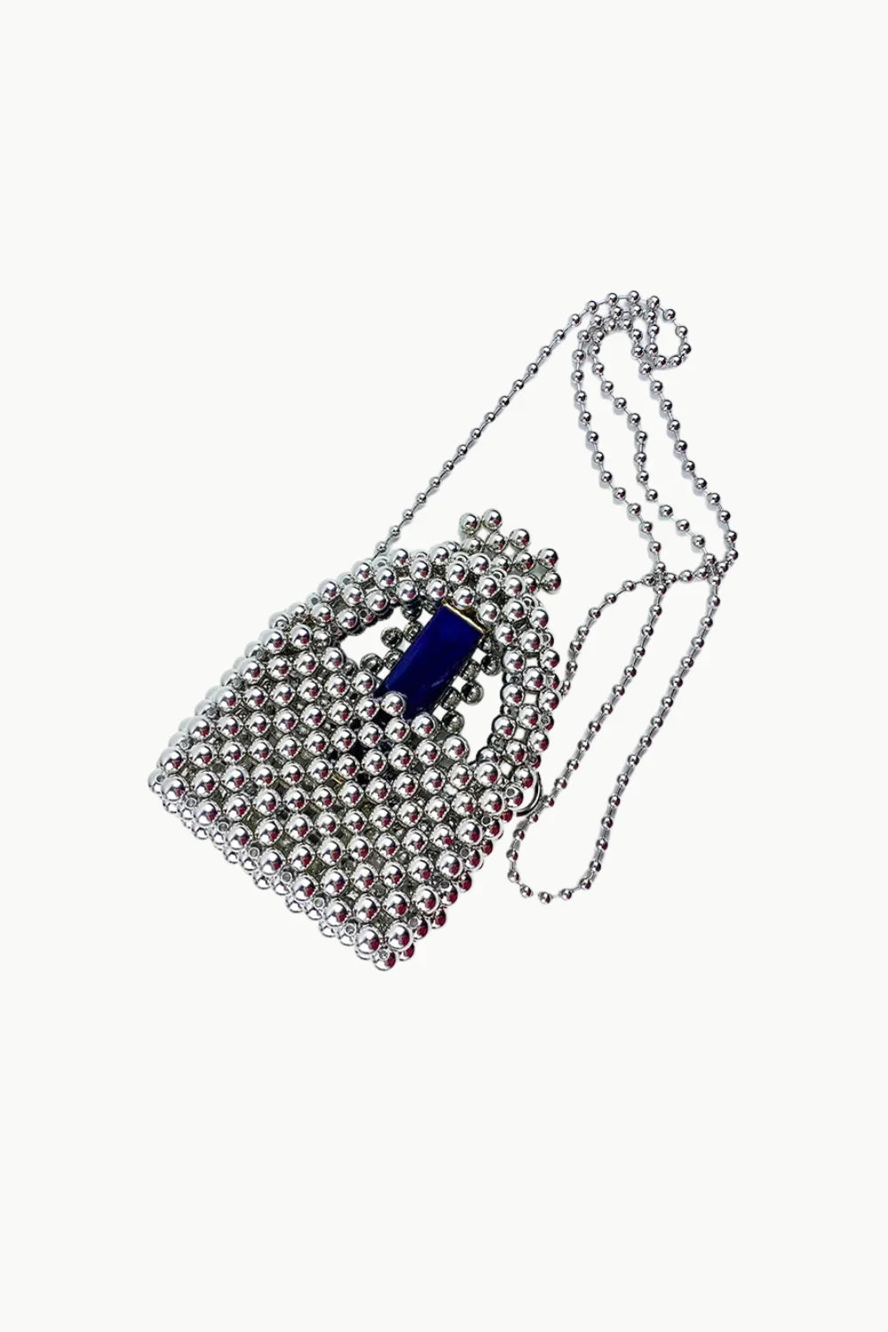 Small Silver Beaded Bag with Blue Rectangular Accent and Long Chain Strap