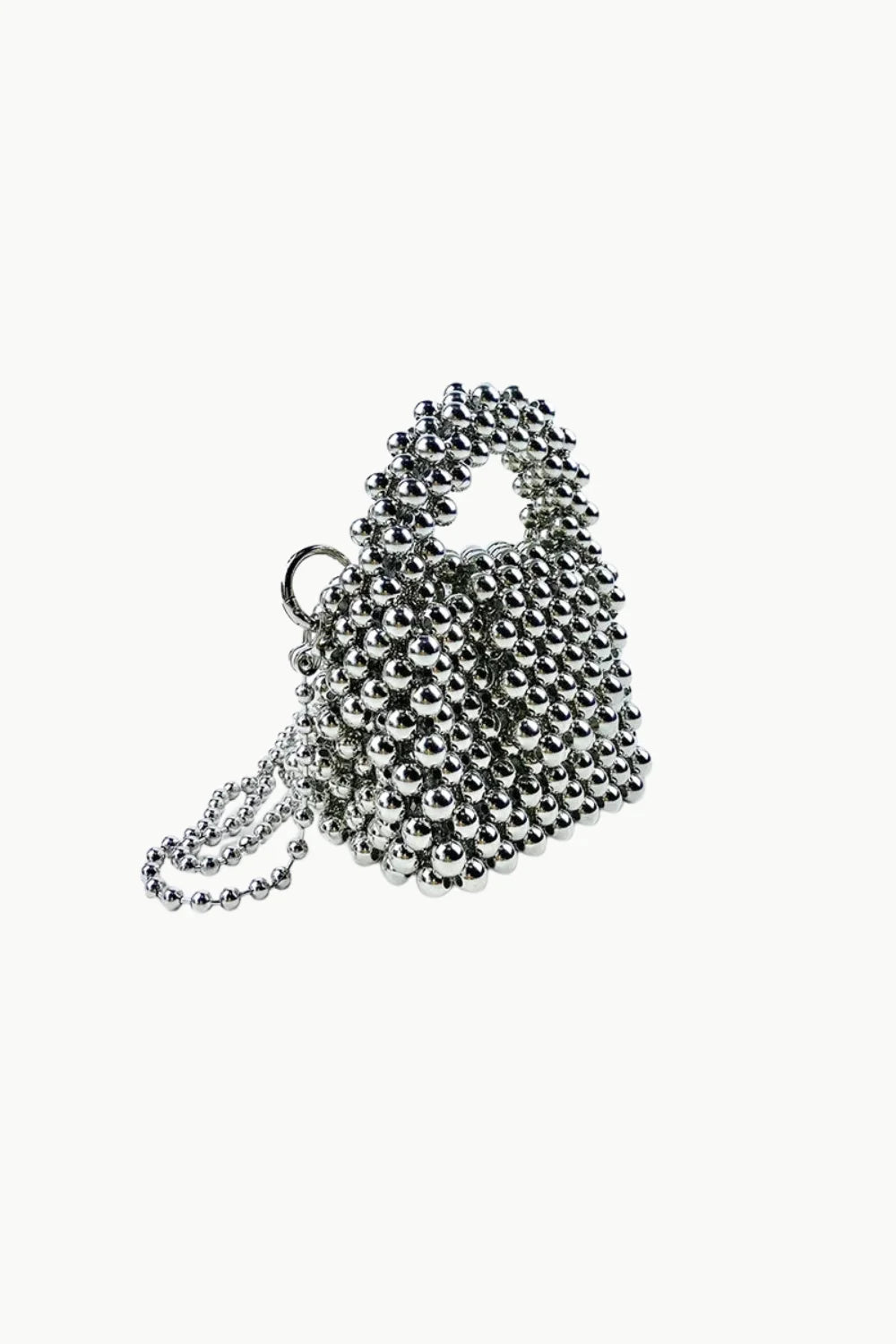 Small silver beaded bag with top handle and detachable chain strap for elegant style