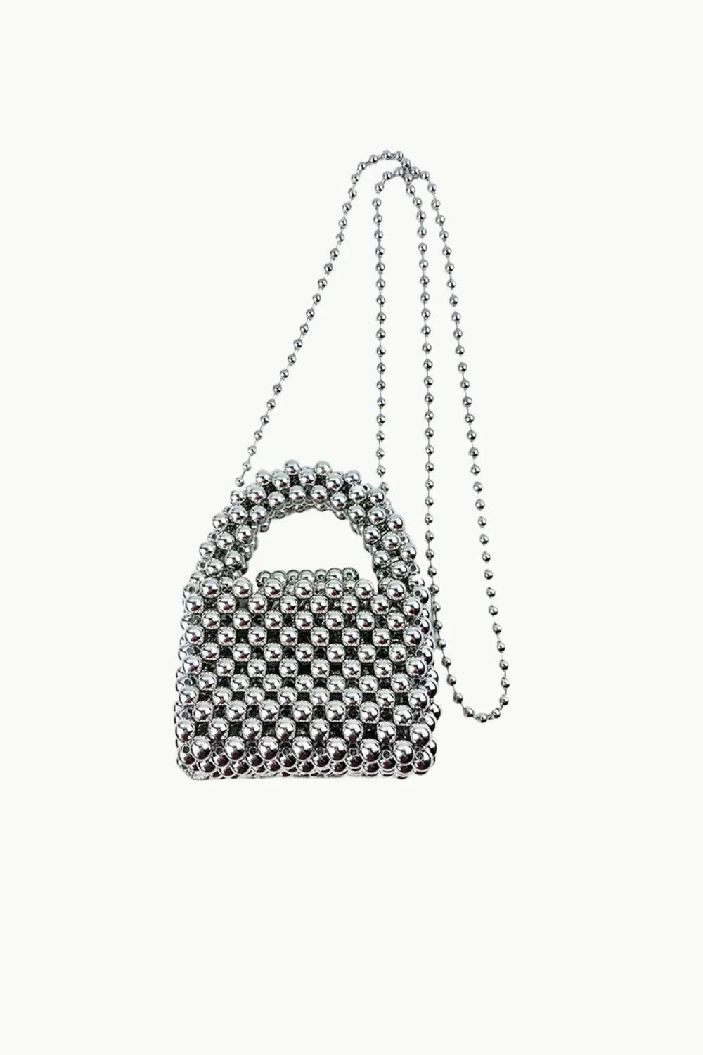 Small silver beaded bag with a long chain strap, stylish silver beaded handbag for women