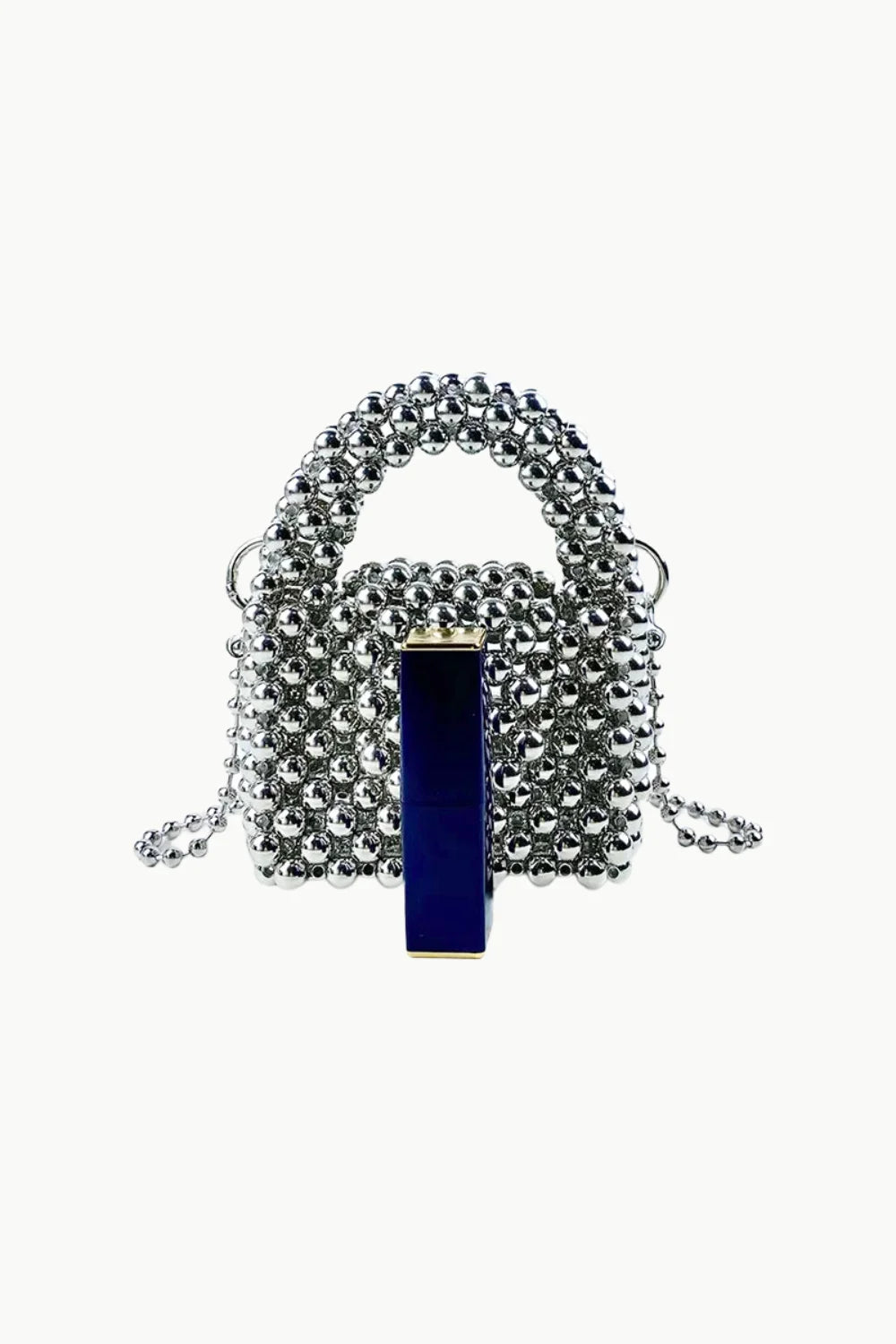 Small Silver Beaded Bag with dark blue lipstick tube inside, stylish beaded bag accessory