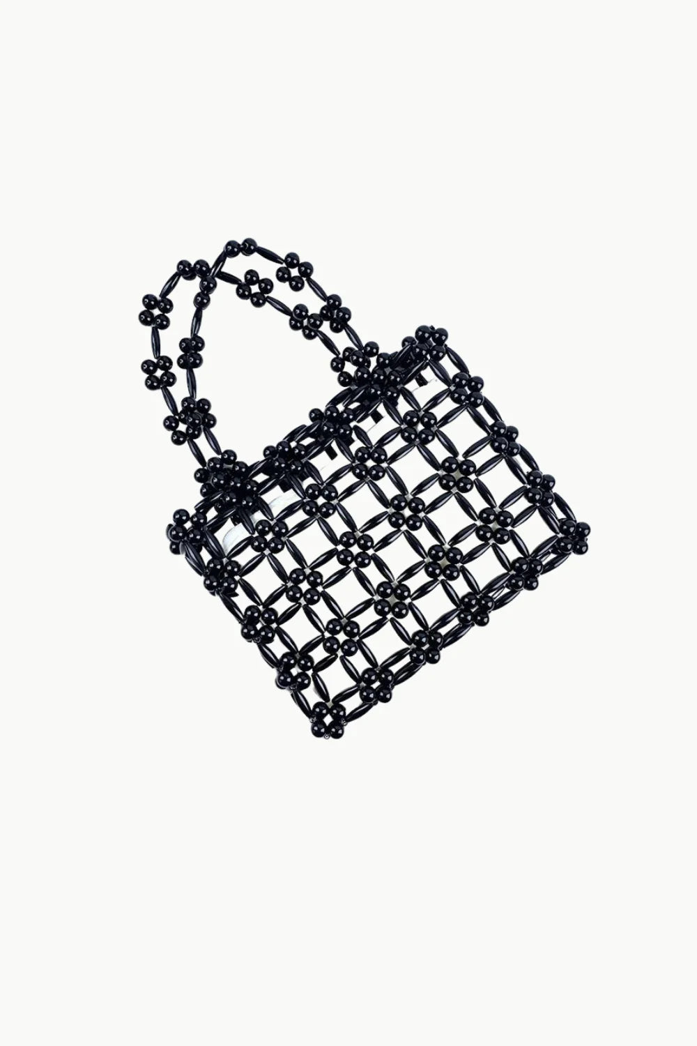 Black beaded handbag with floral-patterned mesh design, Square Beaded Bag style