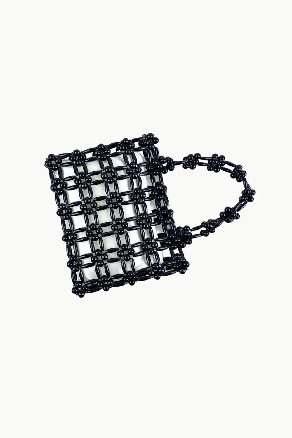 Black beaded bag with rectangular shape and arched handle, perfect as a square beaded bag