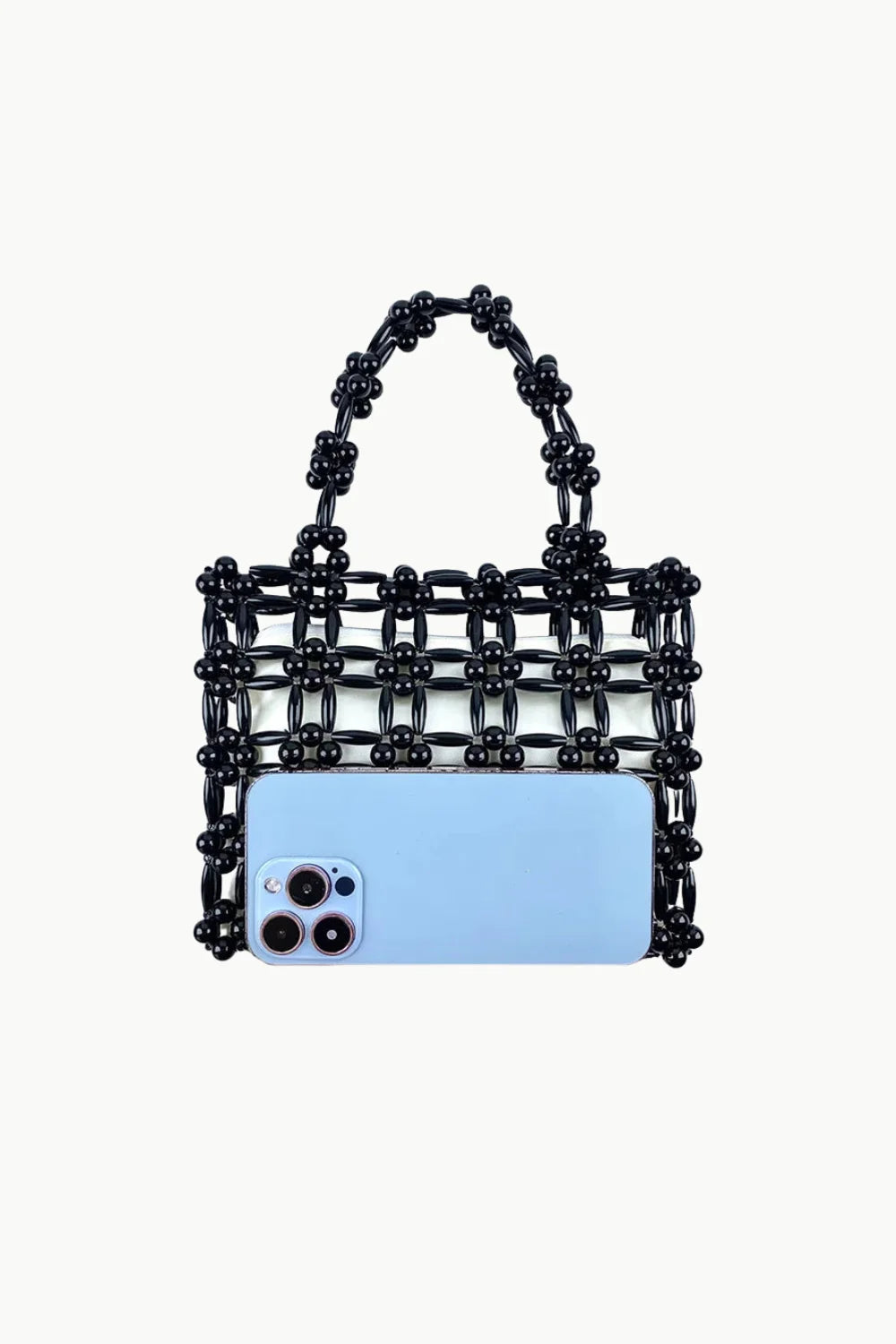 Black beaded bag with smartphone inside, stylish square beaded bag for women
