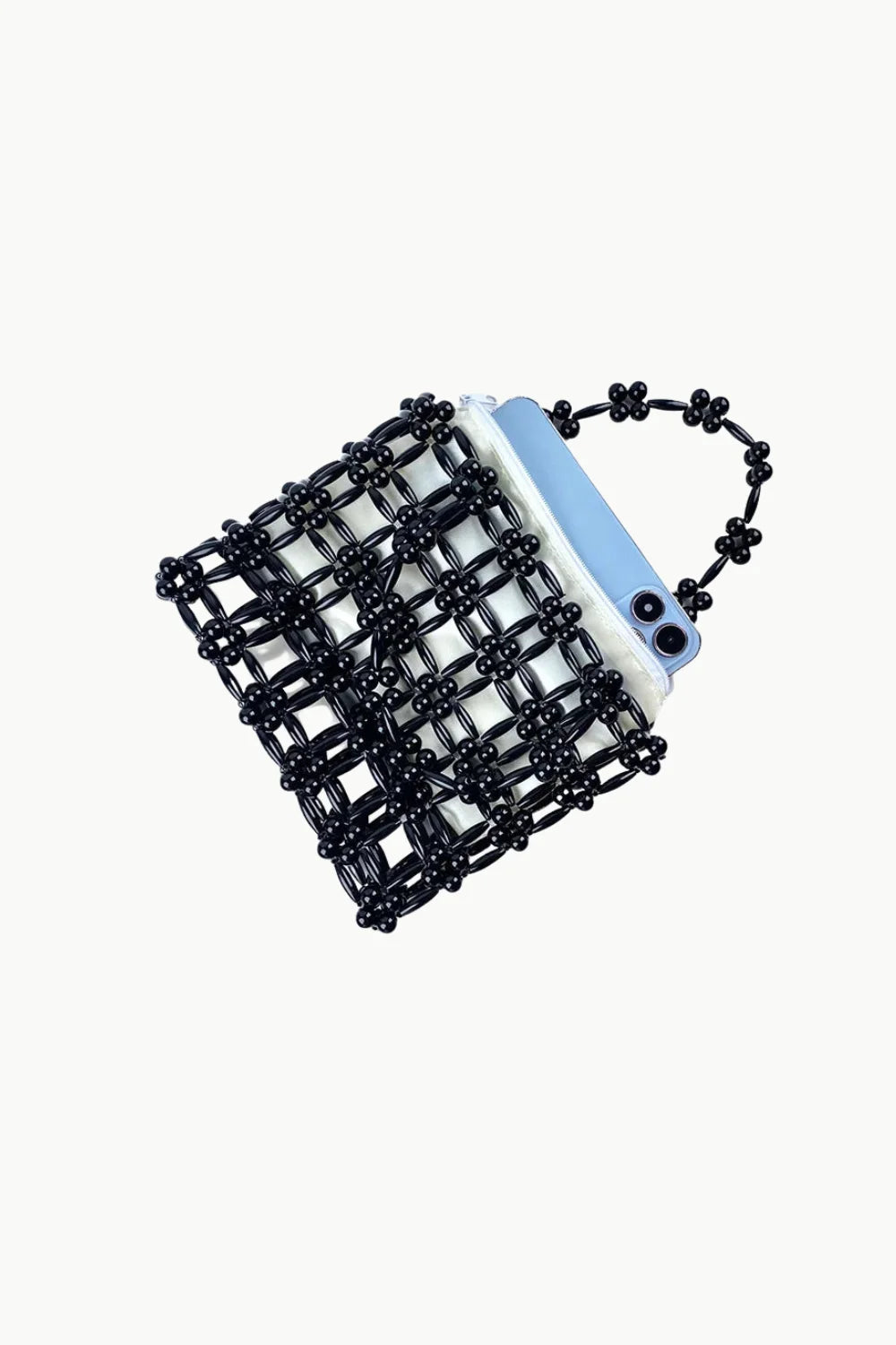 Black beaded bag with light blue phone inside, stylish square beaded bag accessory