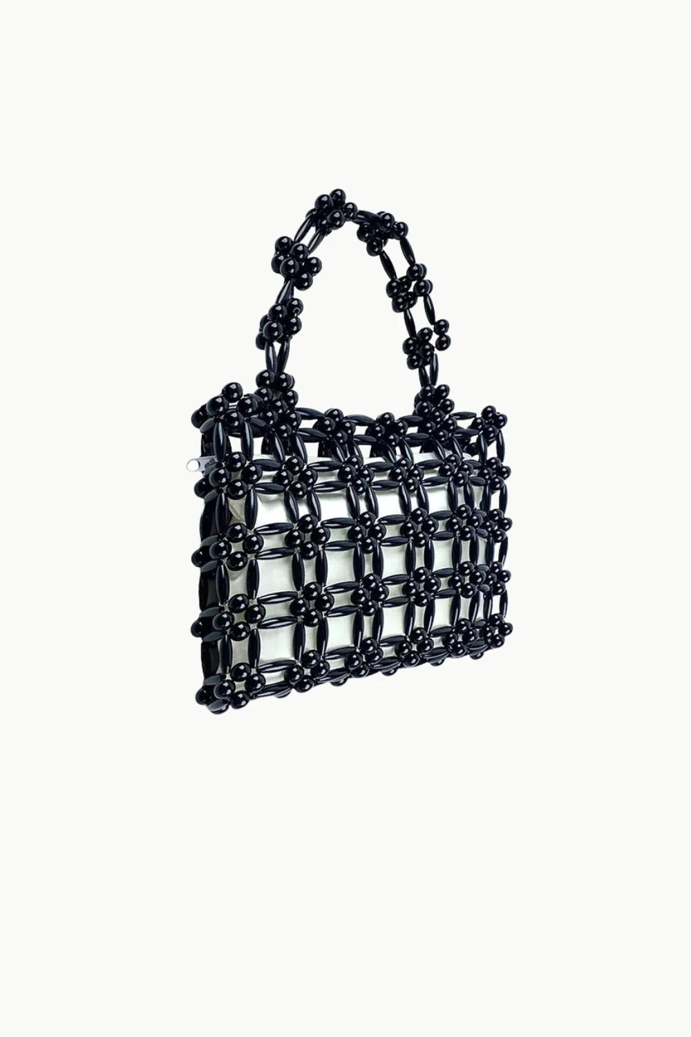 Black beaded tote bag with woven open-grid design, perfect as a square beaded bag accessory