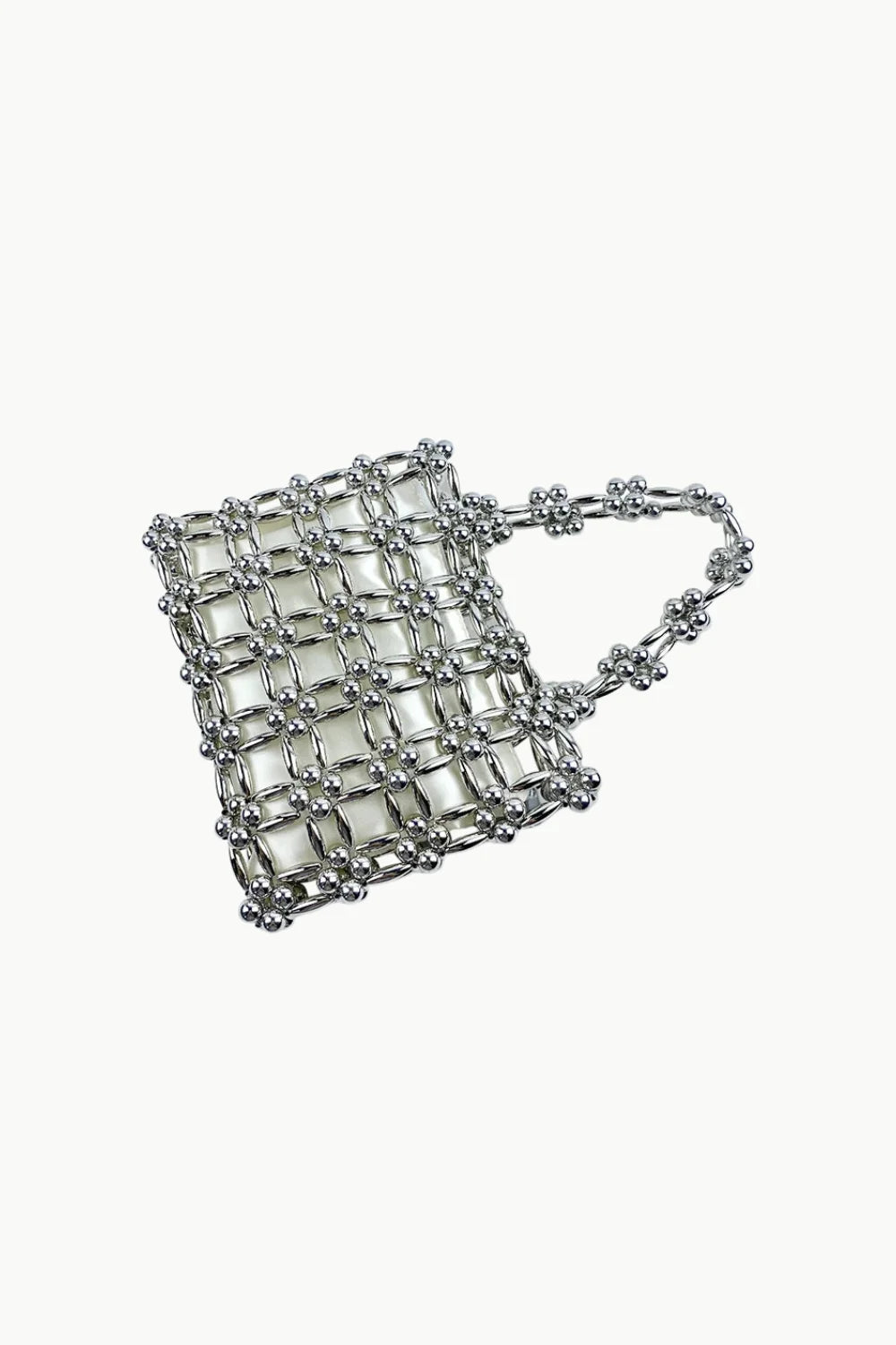Silver beaded handbag with grid pattern, stylish square beaded bag for elegant occasions