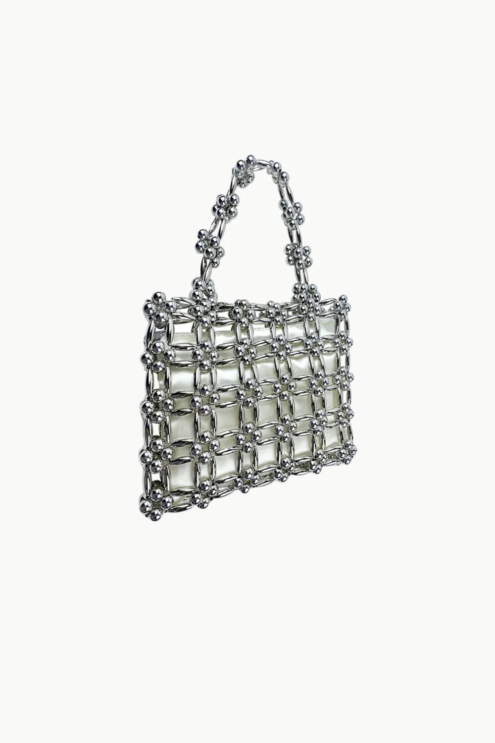Silver beaded handbag with white lining, stylish square beaded bag for elegant occasions