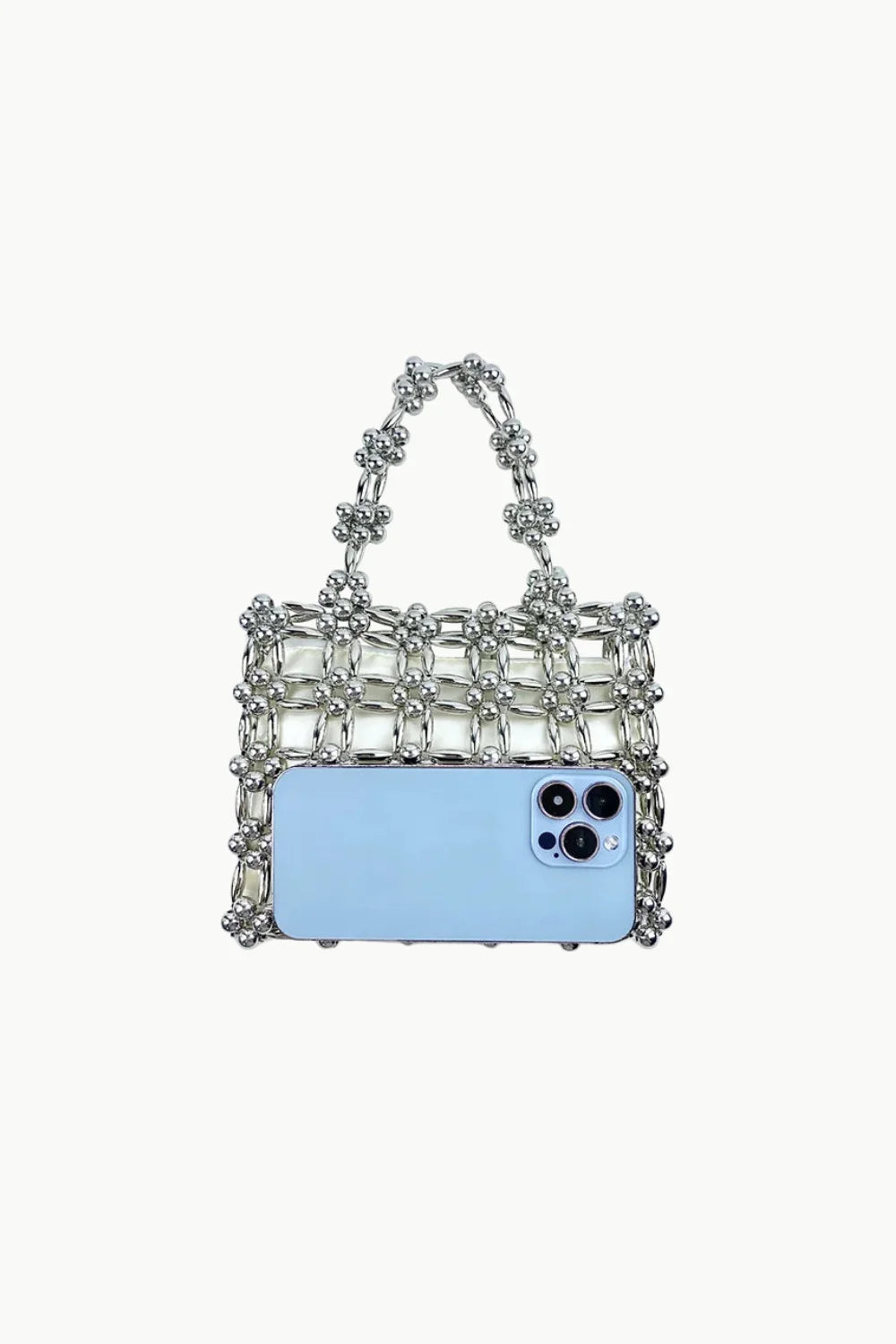 Silver beaded mini tote bag with open weave design, perfect square beaded bag style