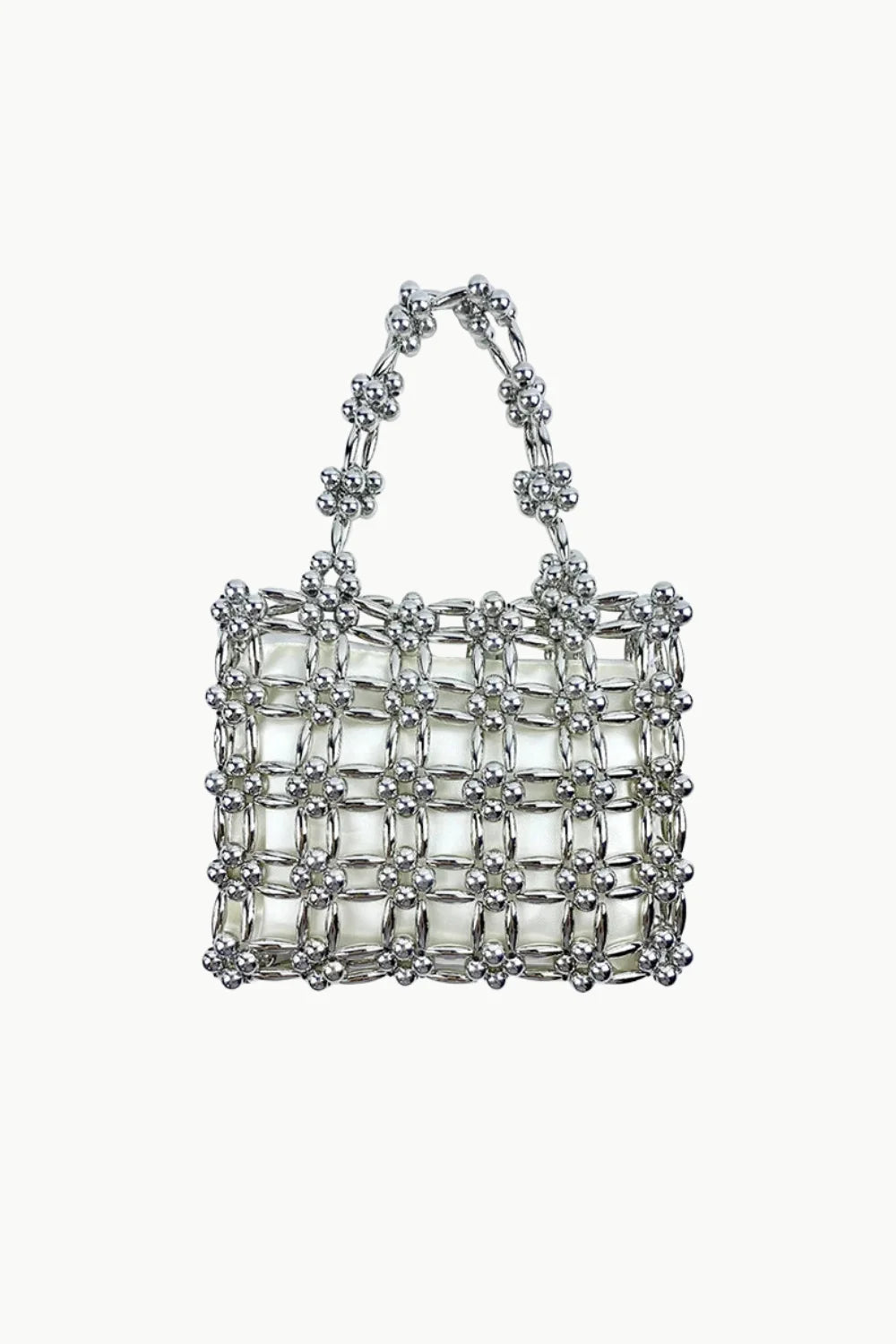 Silver beaded tote bag displayed in Square Beaded Bag product showcasing a stylish beaded bag