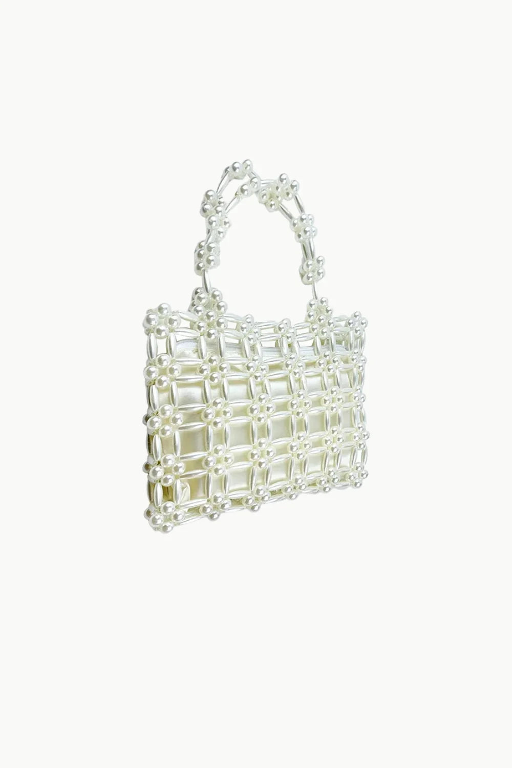 White beaded handbag with top handles, stylish square beaded bag accessory