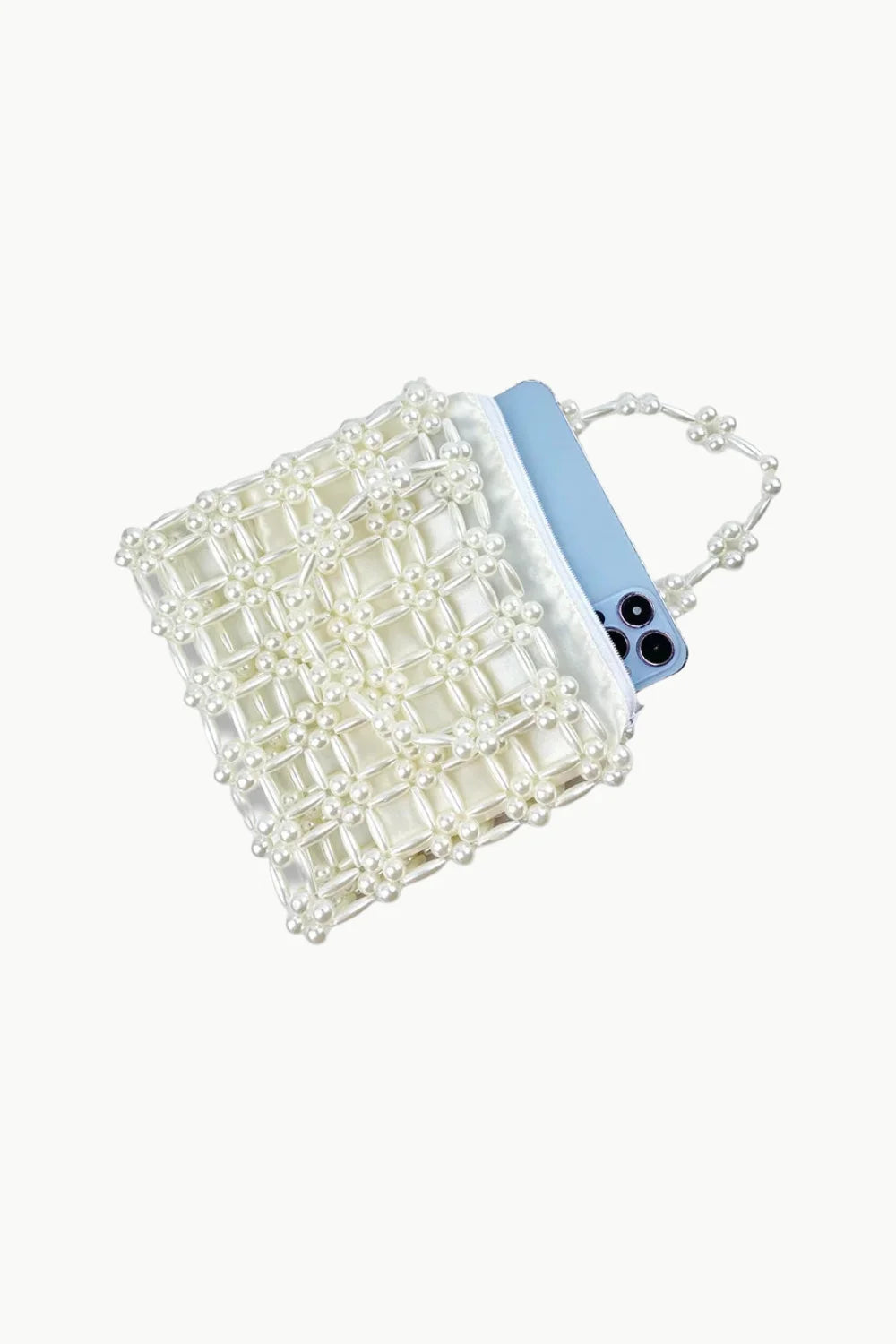 White beaded phone purse inside square beaded bag, stylish square beaded bag accessory