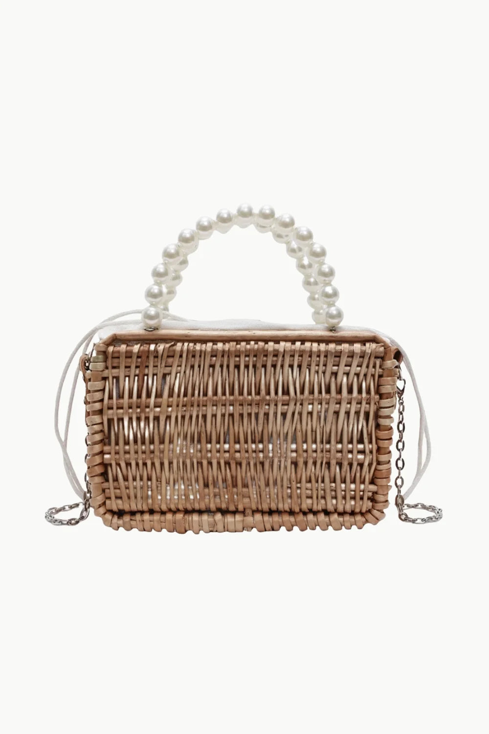 Straw bag with pearl beaded handle and chain strap, acrylic main material, stylish accessory