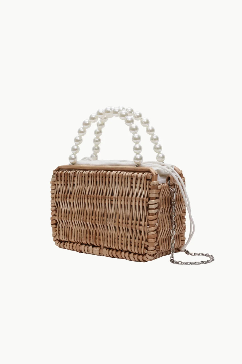 Woven straw bag with pearl handle and silver chain strap, perfect pearl beaded bags