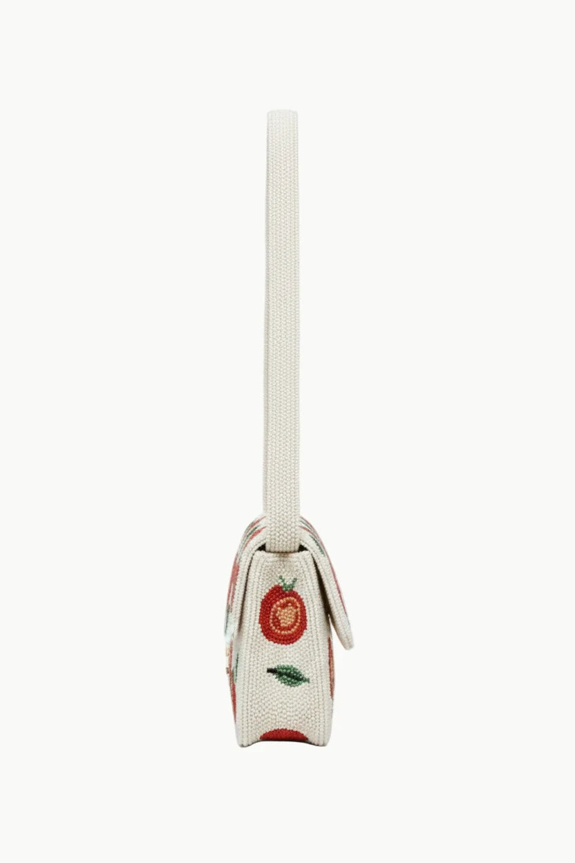 White rectangular beaded bag with tomato and green leaf embroidery for the Tomato Beaded Bag