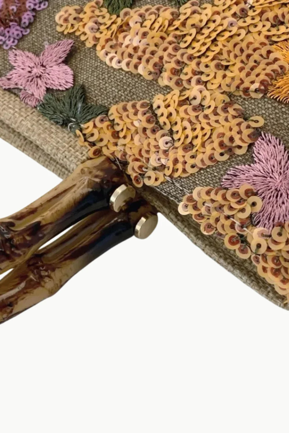Sequined and embroidered tote bag with wooden handles from Tote Bag Flower collection