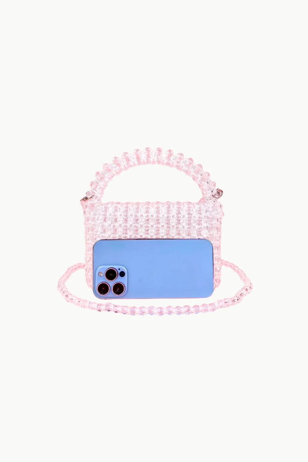 Light pink transparent beaded bag with matching beaded shoulder strap for stylish look