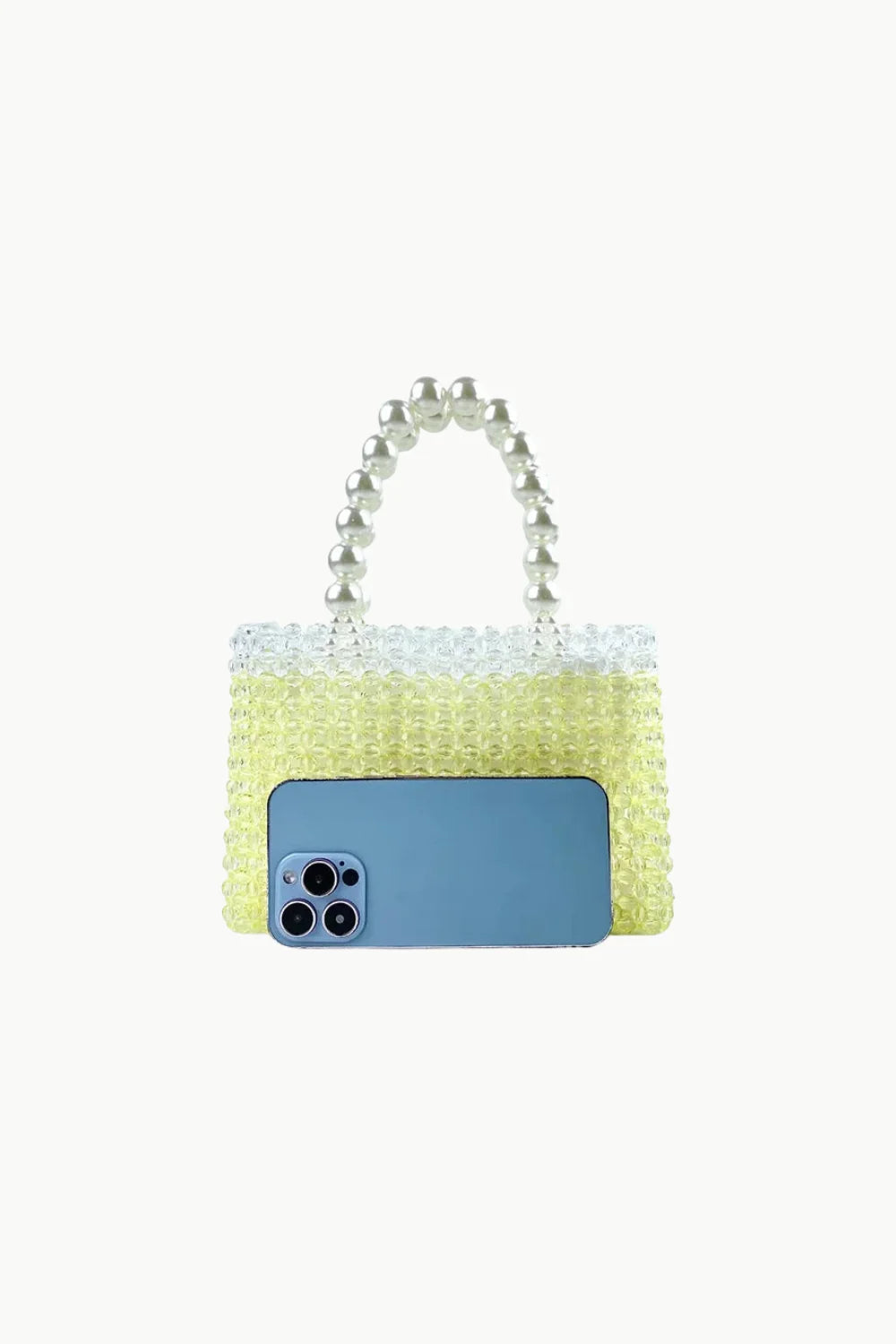 Miniature yellow beaded bag with white pearl handle, trendy beaded bag accessory