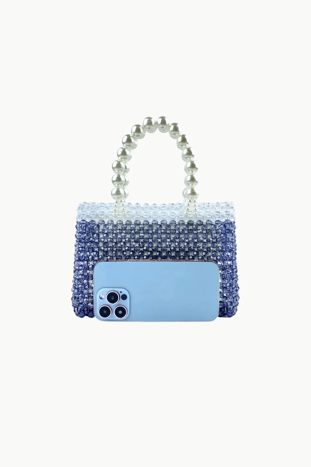 Ombre blue and white beaded bag with pearl handle, trendy beaded bag for stylish occasions