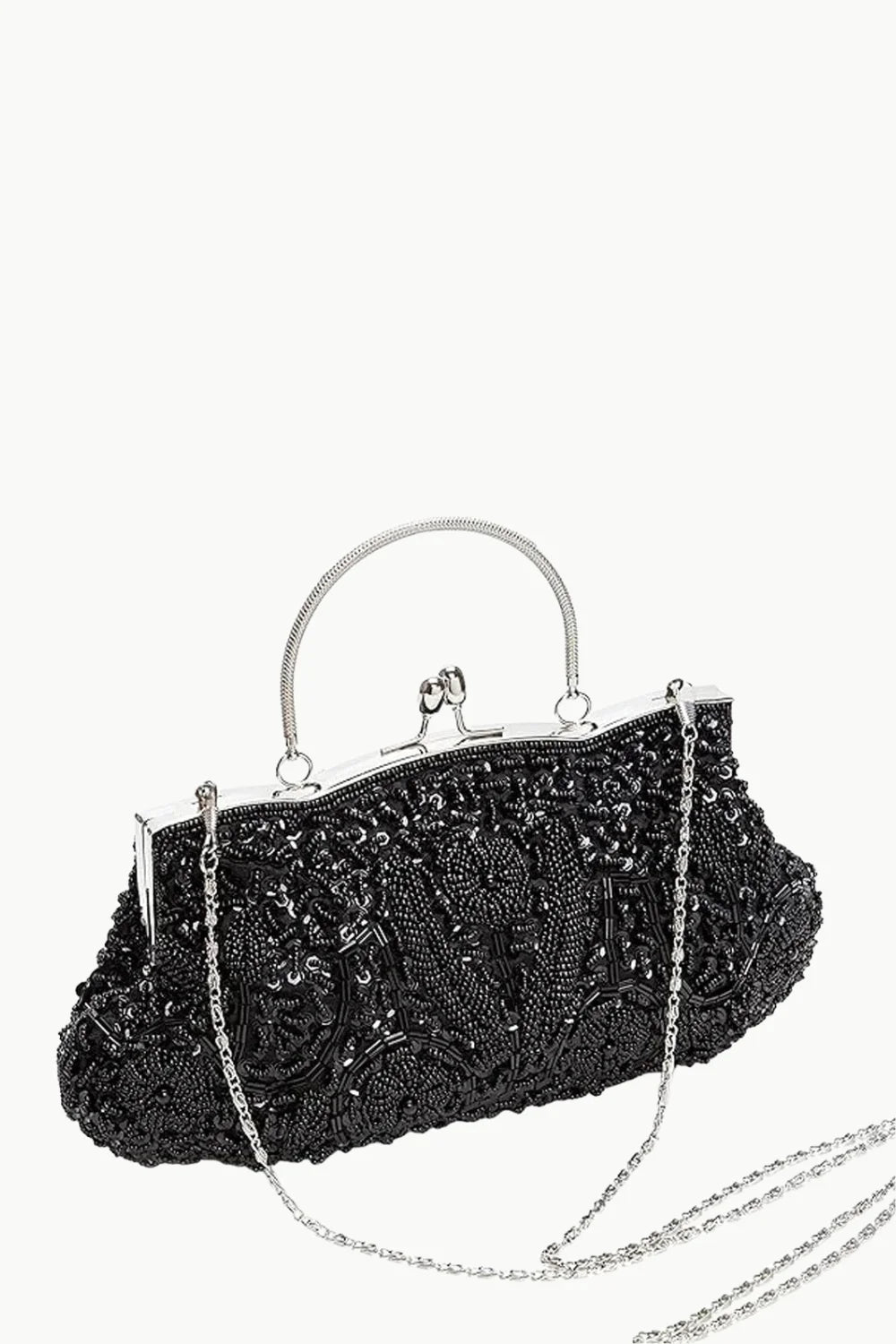 Vintage beaded bag with black beads, silver frame, top handle, and removable chain strap