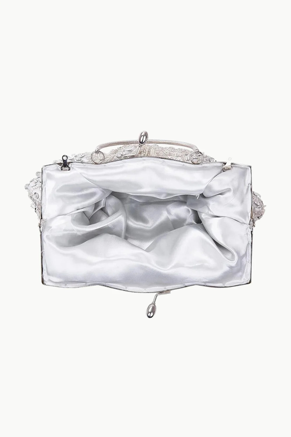 Elegant vintage beaded bag with silver frame and satin lining, perfect for evening events