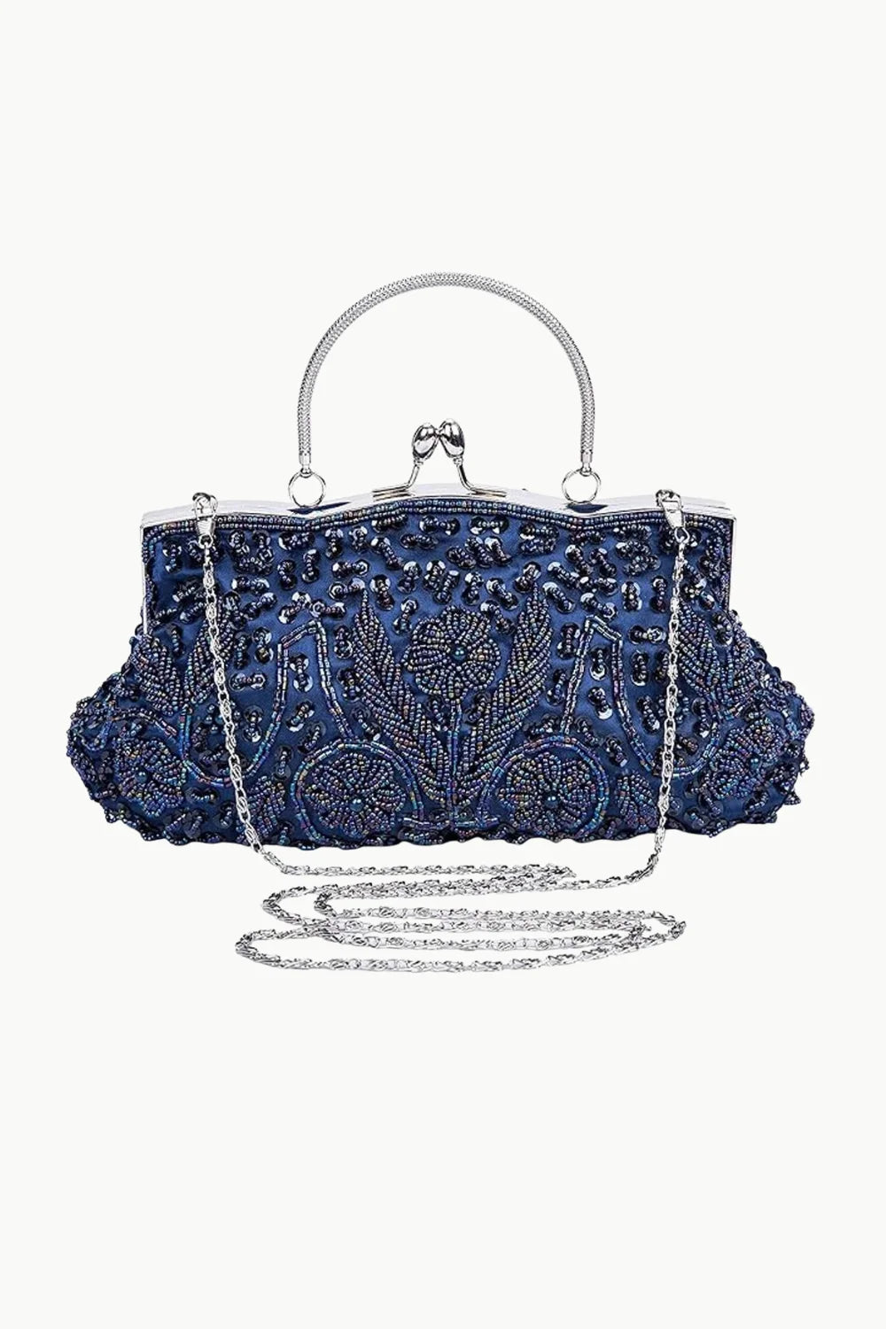 Vintage beaded bag with navy blue beads, silver frame, top handle, and chain strap