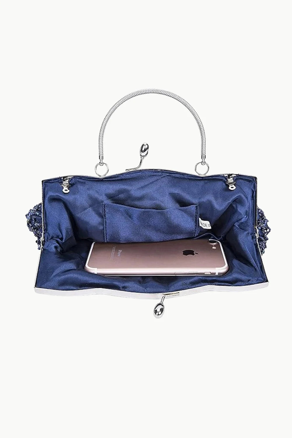 Vintage Beaded Bag Navy Blue Satin Clutch with Metallic Handle and Smartphone Inside