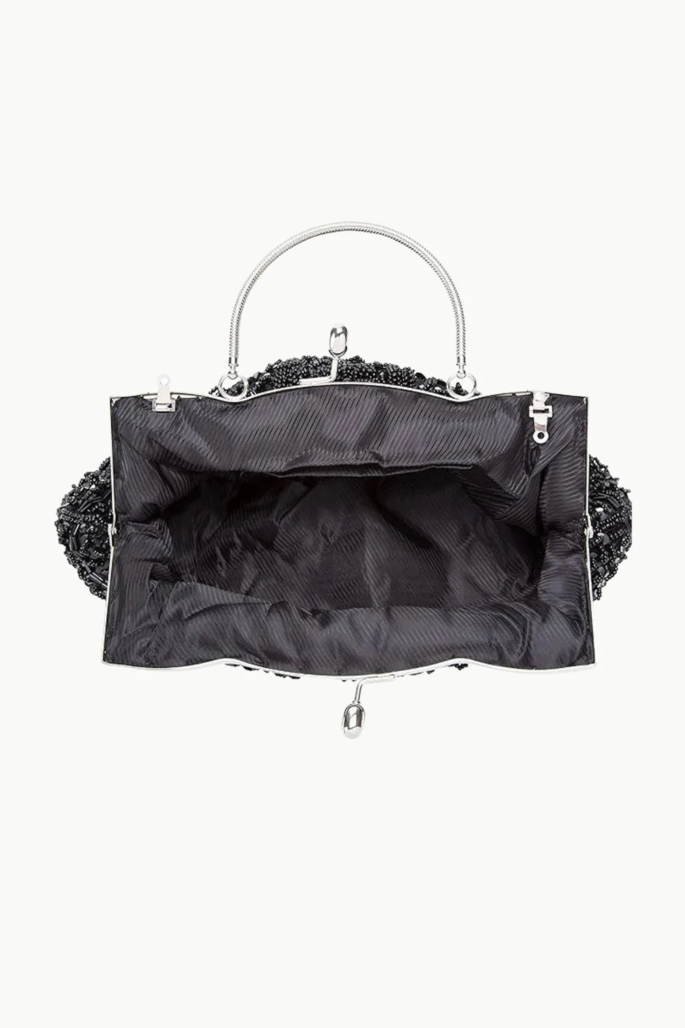 Vintage beaded bag with black beads, silver-tone handles, and black fabric interior