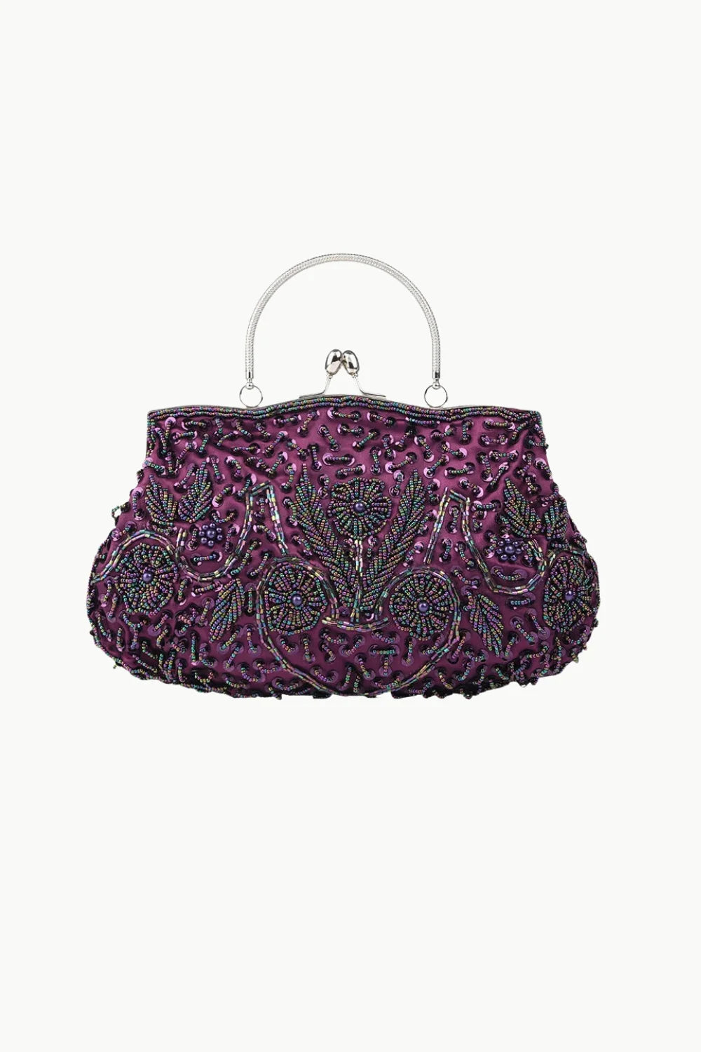 Vintage beaded purple evening bag with silver-tone frame and handle for elegant style