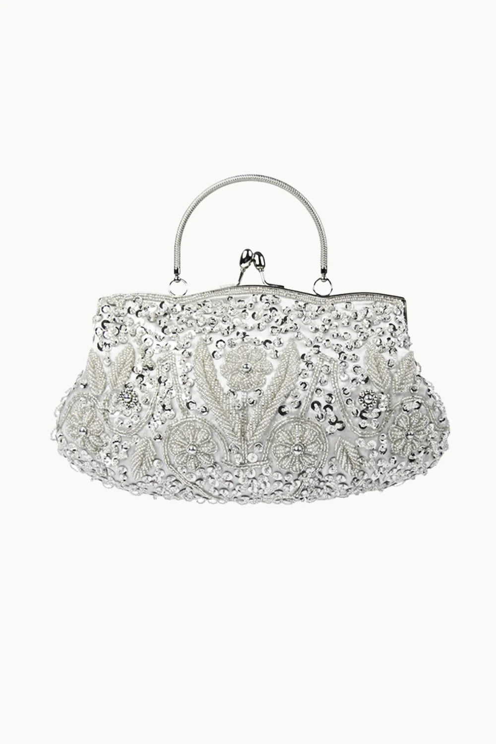 Vintage beaded bag with silver frame, beaded clutch handbag, elegant top handle