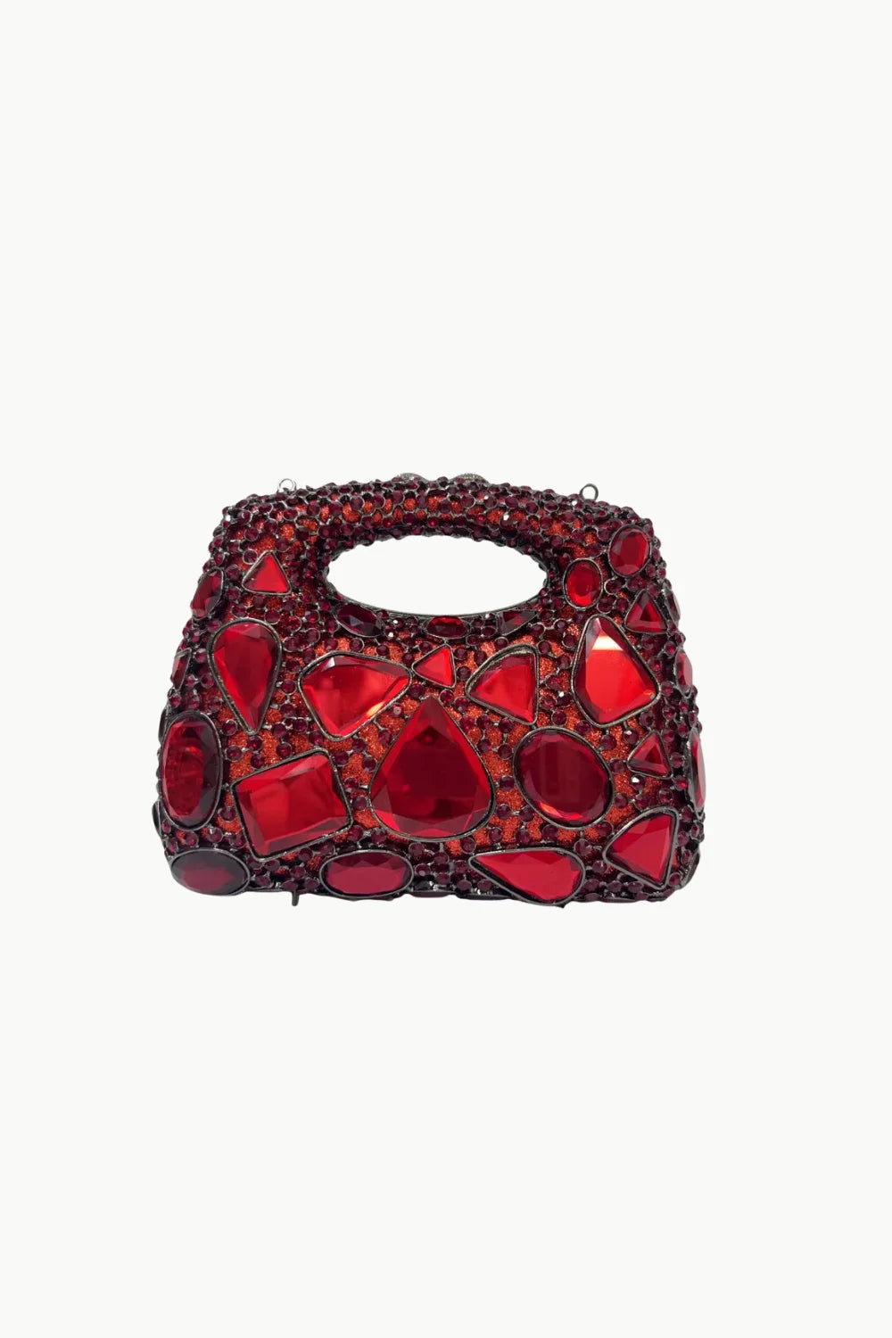 Red jeweled vintage beaded clutch bag with oval handle opening for elegant occasions