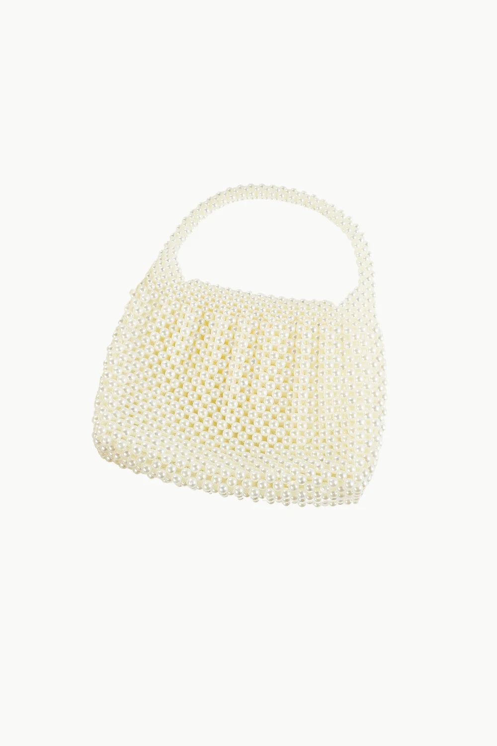 Cream-colored beaded shoulder bag with rounded handle, vintage pearl bag accessory