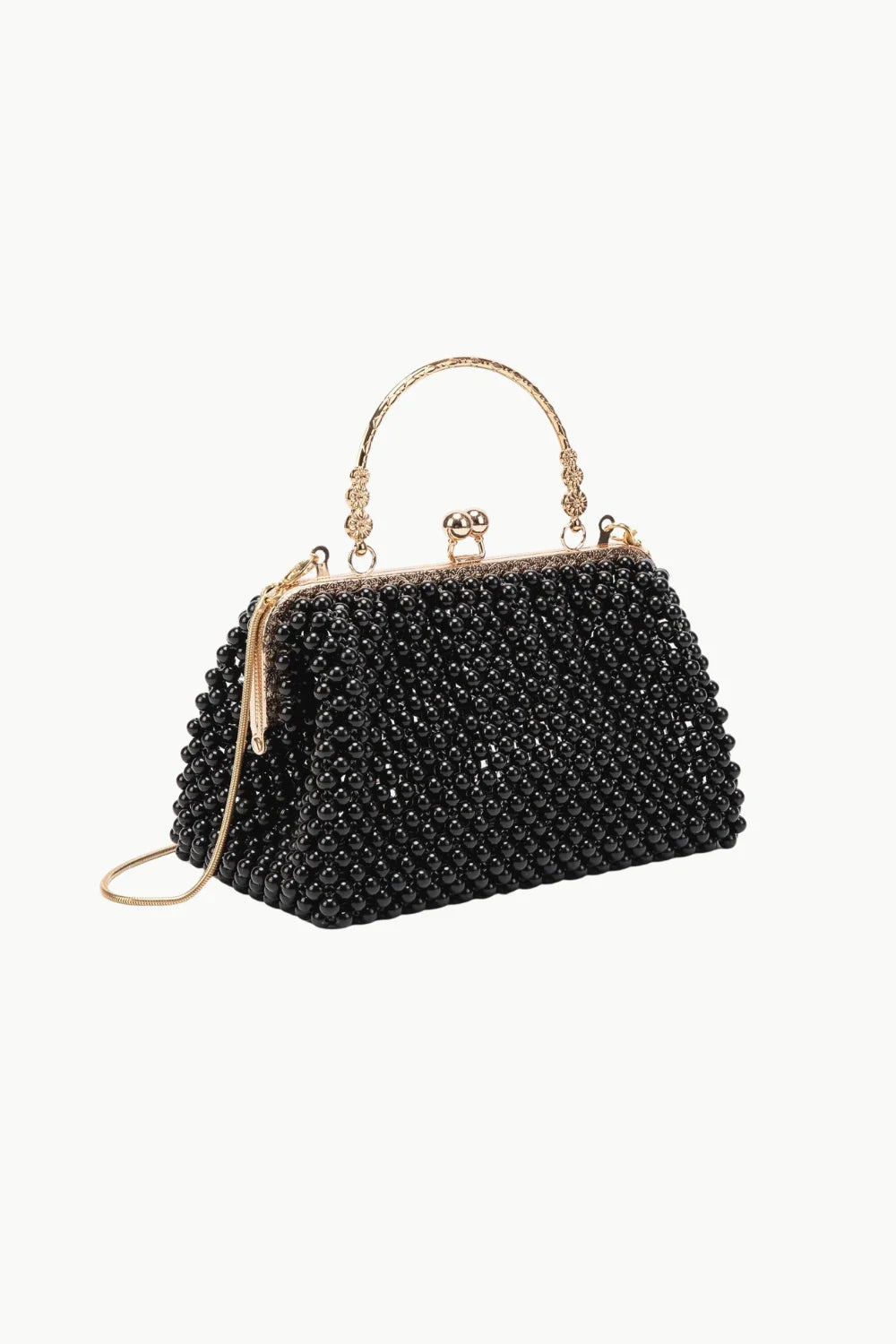 Black beaded frame handbag with gold top handle and chain strap, vintage pearl beaded clutch