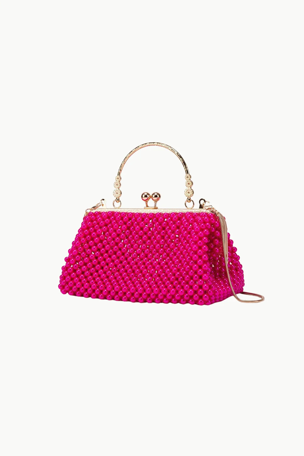 Hot pink pearl beaded vintage pearl clutch with gold frame and clasp