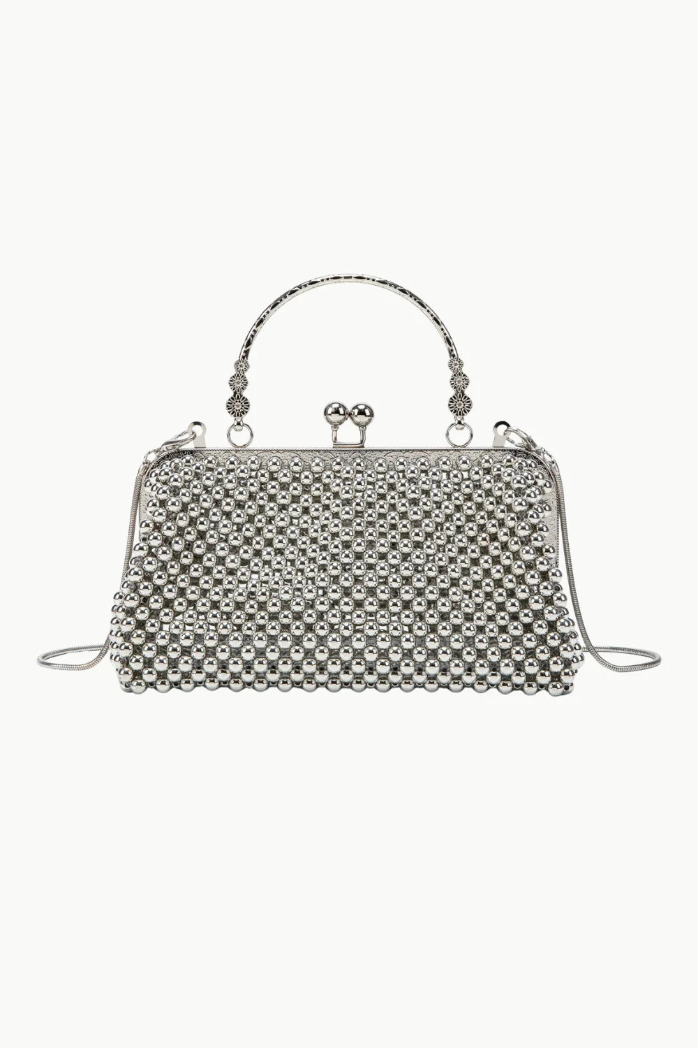 Silver pearl beaded vintage pearl clutch bag with top handle and chain strap