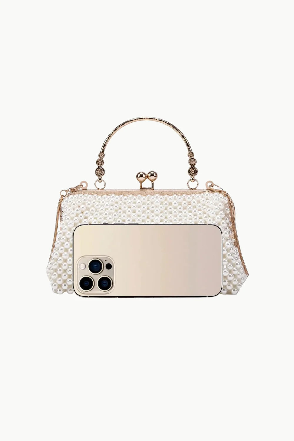 Vintage Pearl Beaded Clutch with Gold Frame and Decorative Top Handle