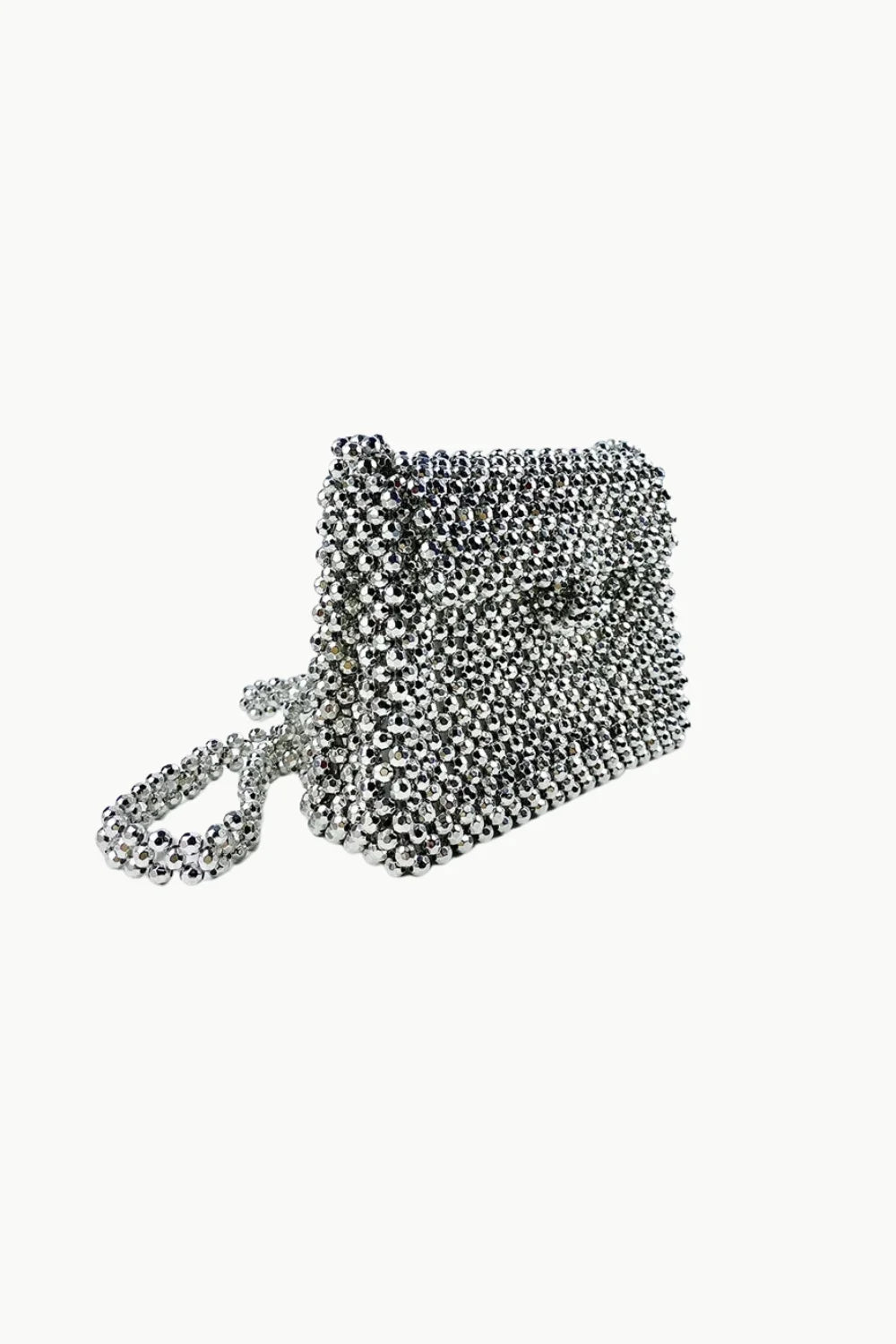 Vintage Silver Beaded Bag featuring a silver beaded clutch with a short strap