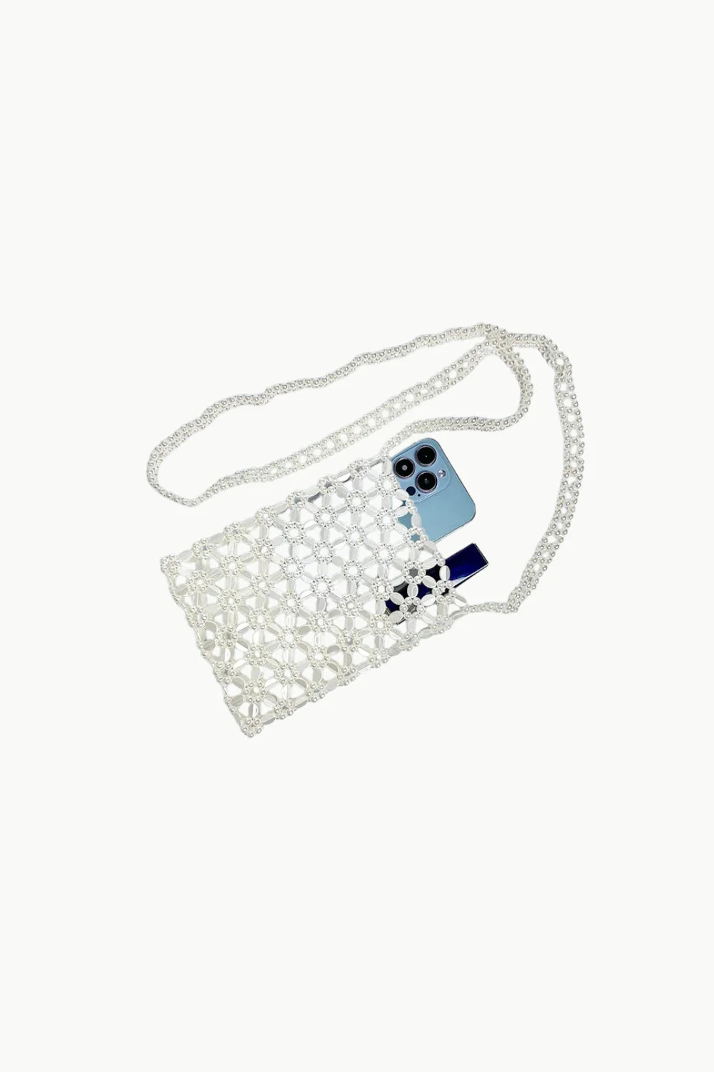 White beaded crossbody bag with phone and card inside, stylish white beaded accessory