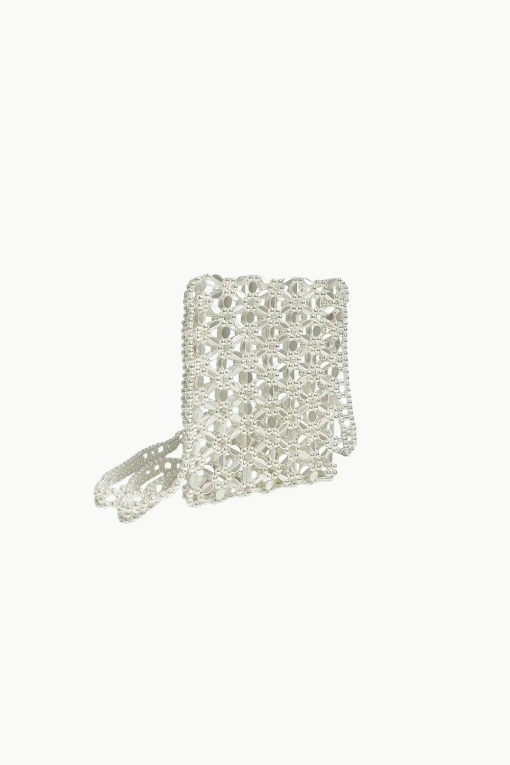 Shimmering silver beaded clutch with geometric pattern and wrist strap, perfect white beaded crossbody accessory