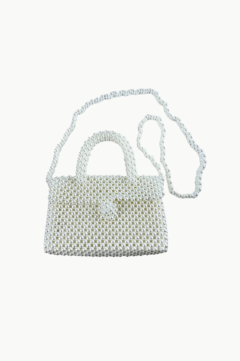 White Beaded Handbag with Top Handle and Shoulder Strap for Stylish Look
