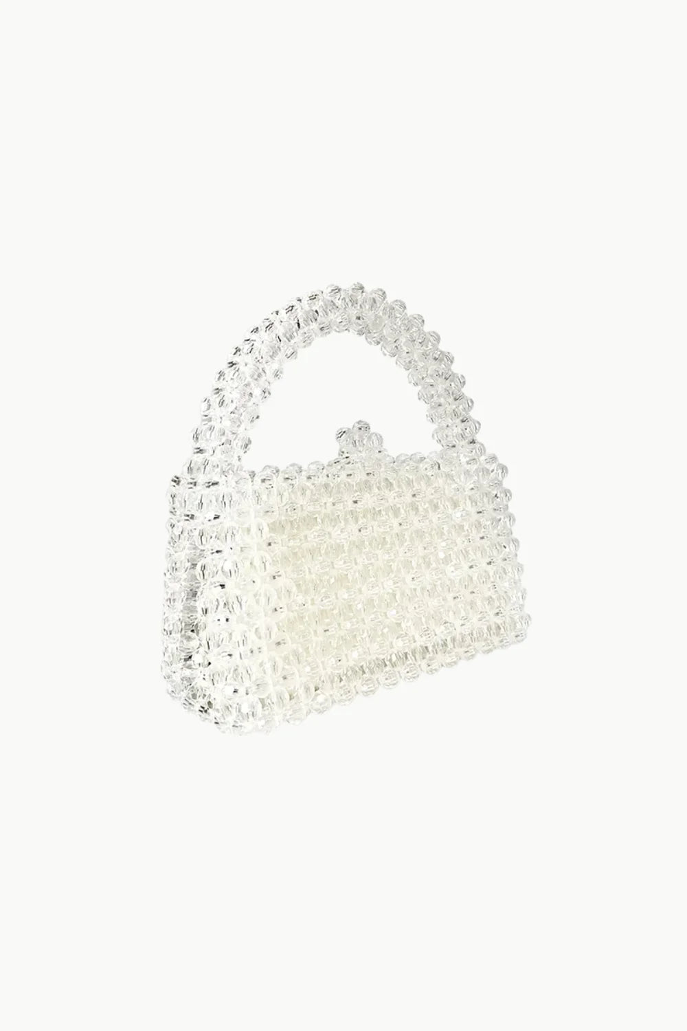 White beaded purse with rectangular shape and rounded top handle for elegant style