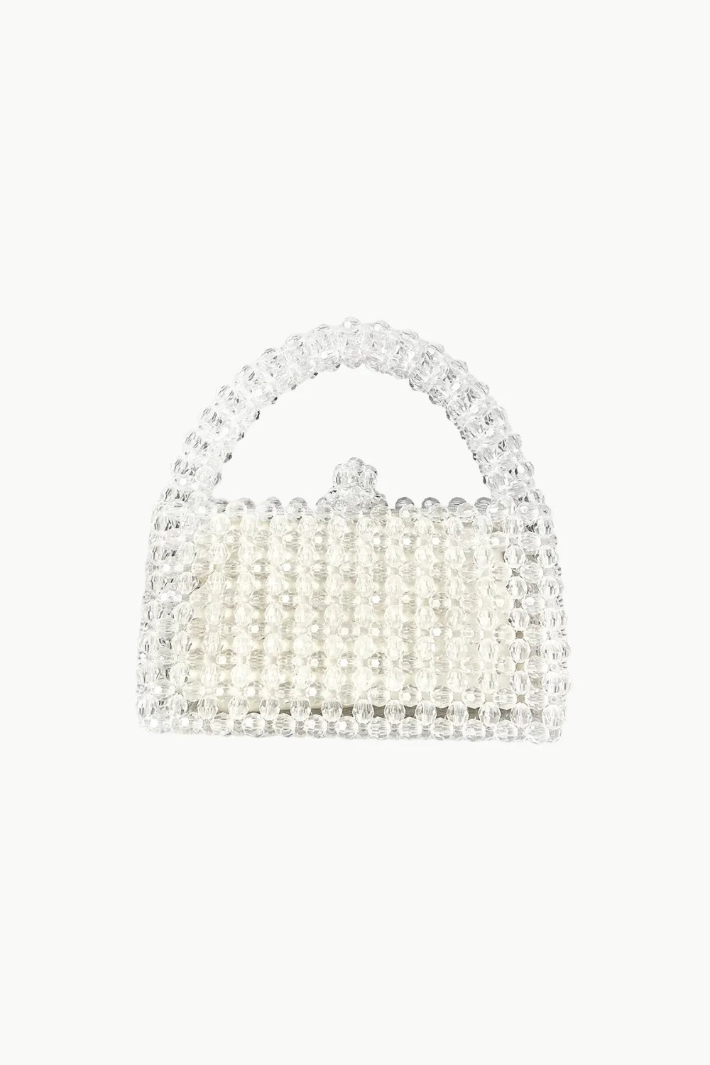 White beaded purse with clear beaded top-handle and rectangular body for elegant style