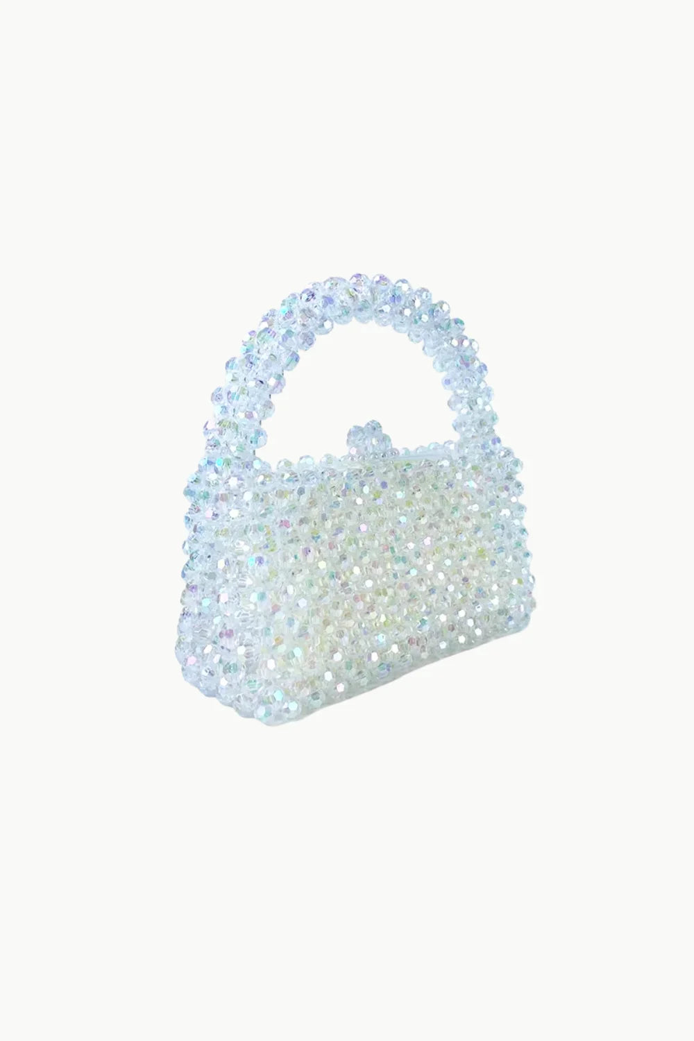 Translucent iridescent white beaded top-handle purse perfect as a white beaded purse accessory