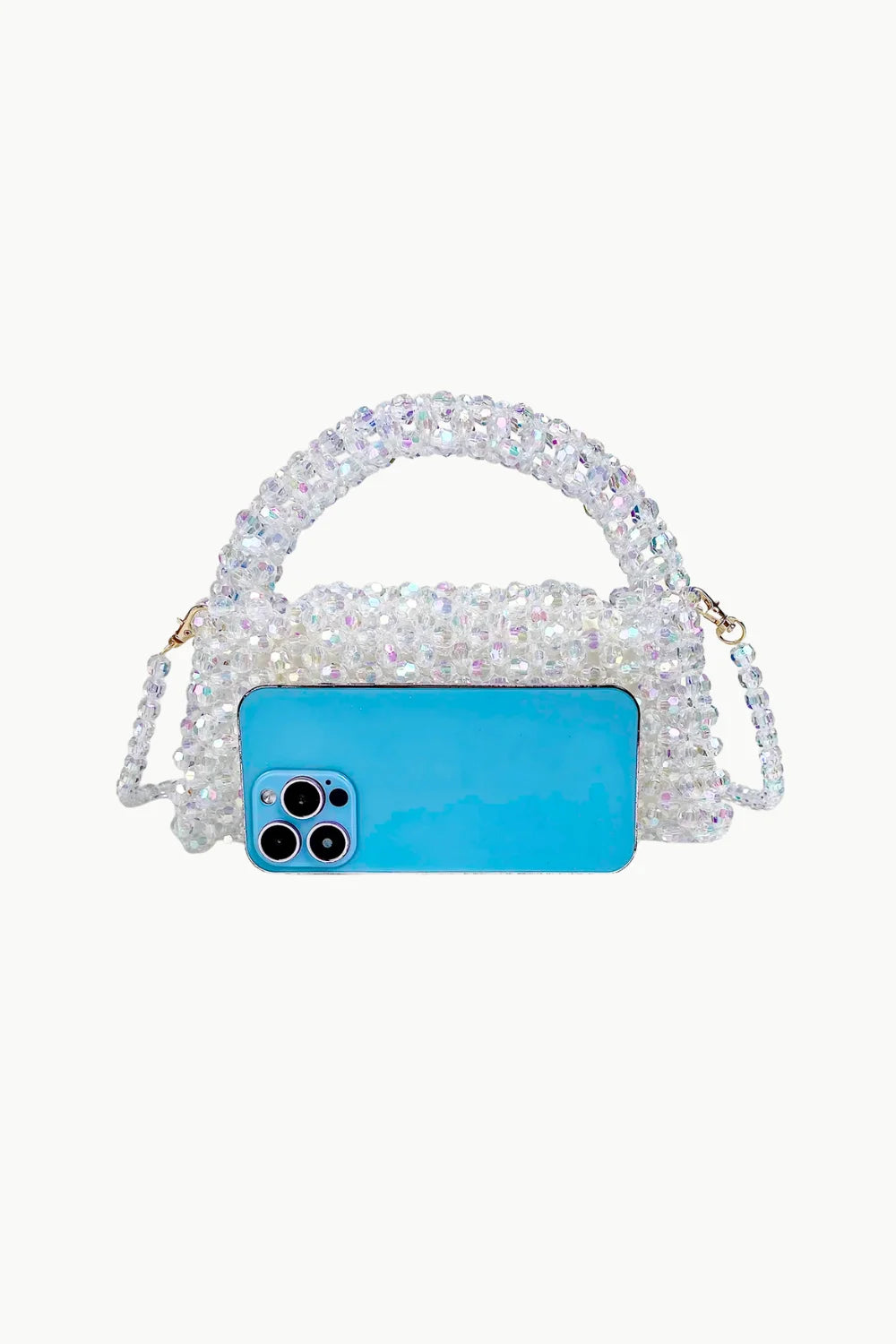 White beaded shoulder bag with top handle and shoulder strap for stylish accessories