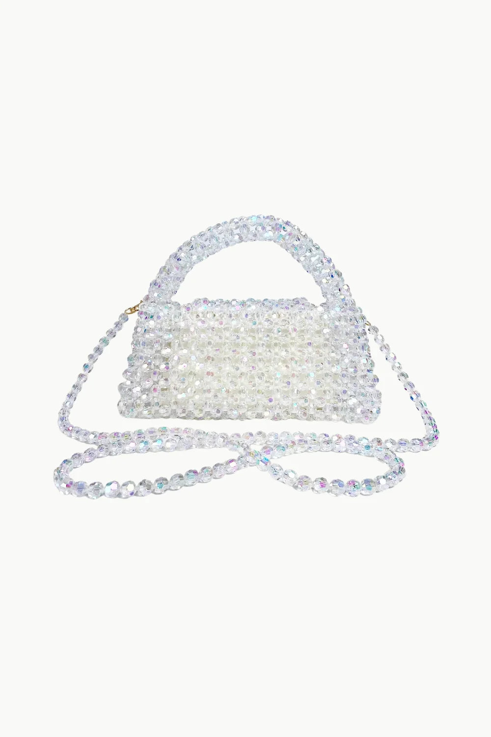 White beaded shoulder bag with top handle and long strap, perfect beaded shoulder accessory
