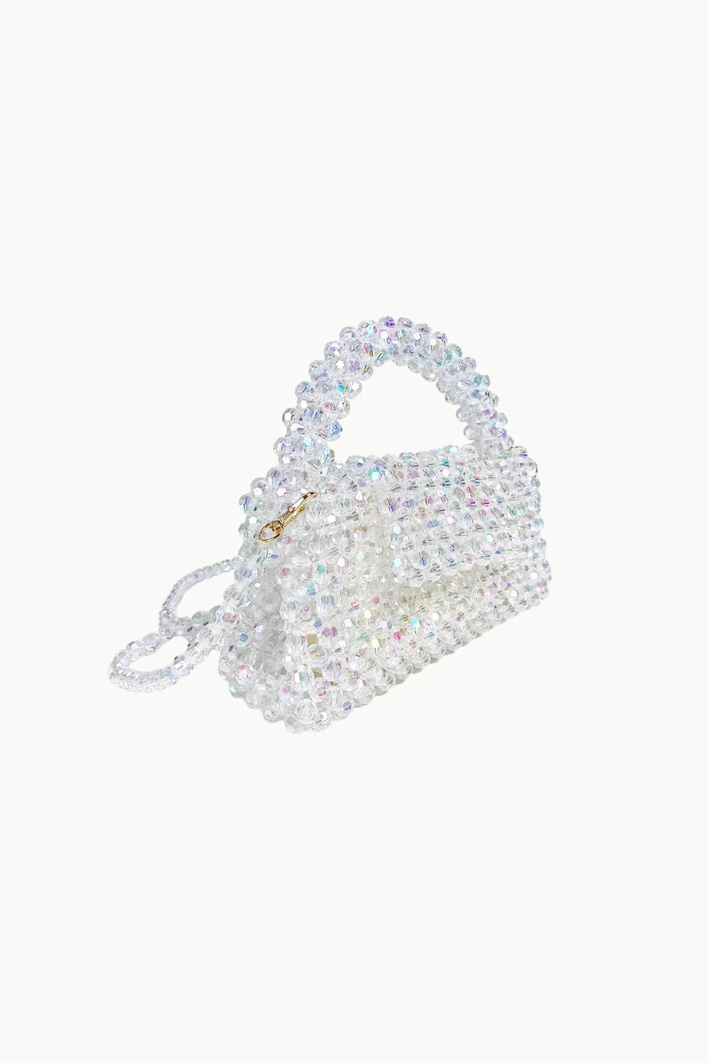 Translucent white beaded shoulder bag with top-handle and shoulder strap for stylish look